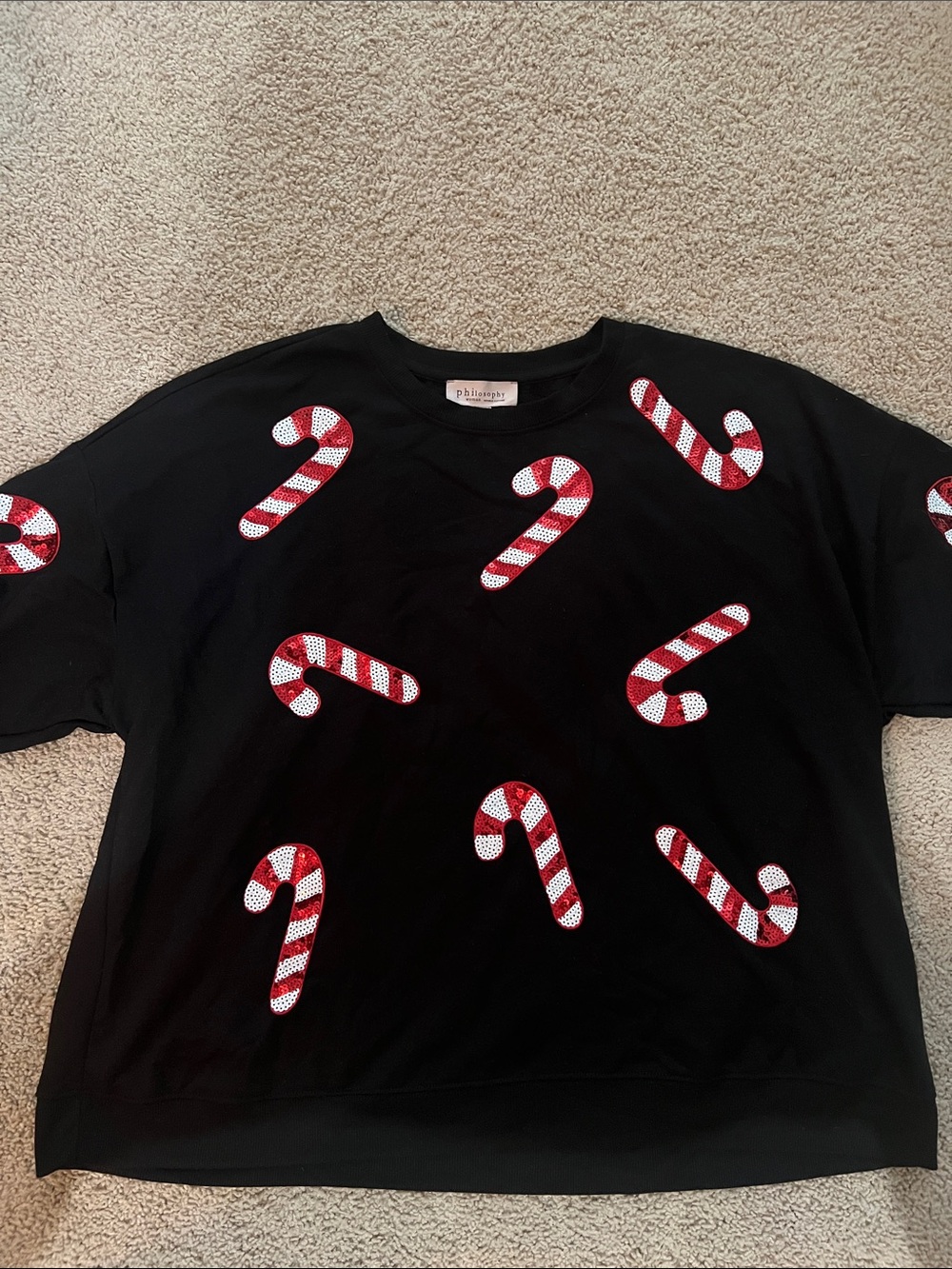 Philosophy Black Sequin Candy Cane Graphic Sweatshirt Sweater